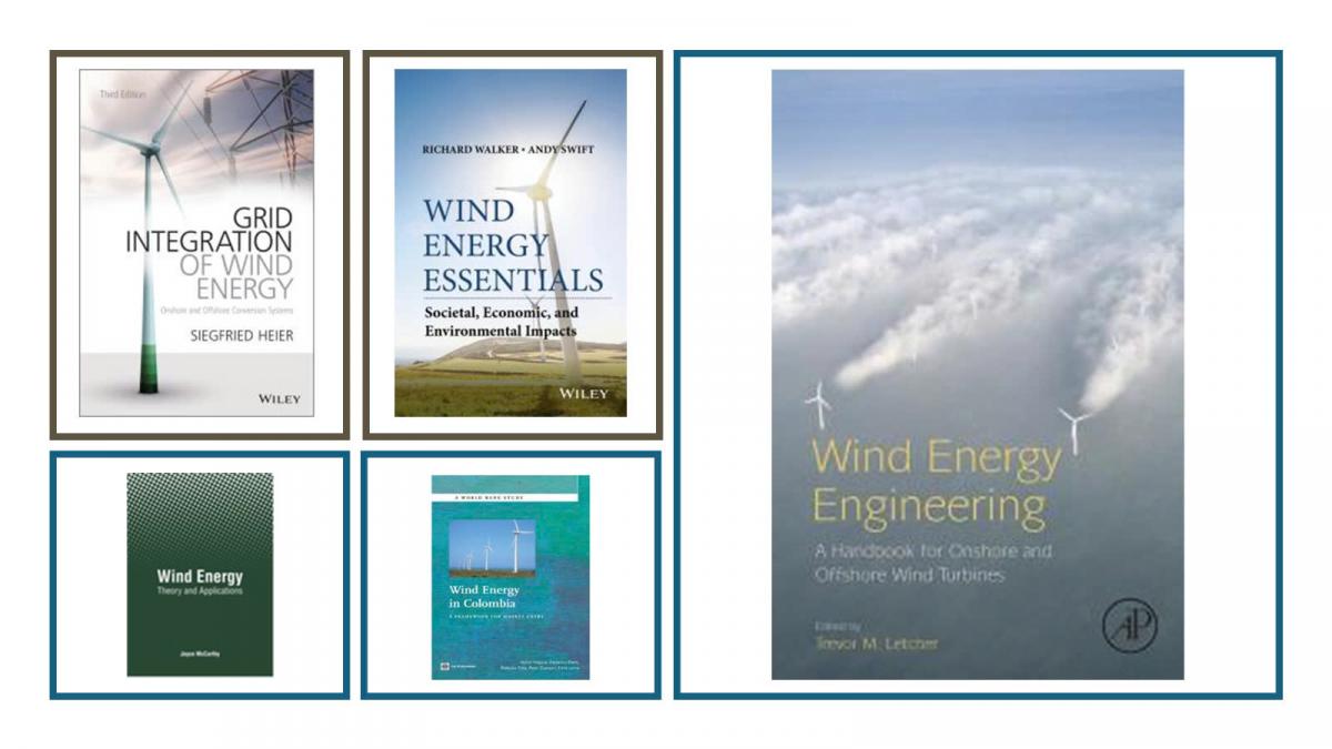 Several books with images of wind energyDescription automatically generated