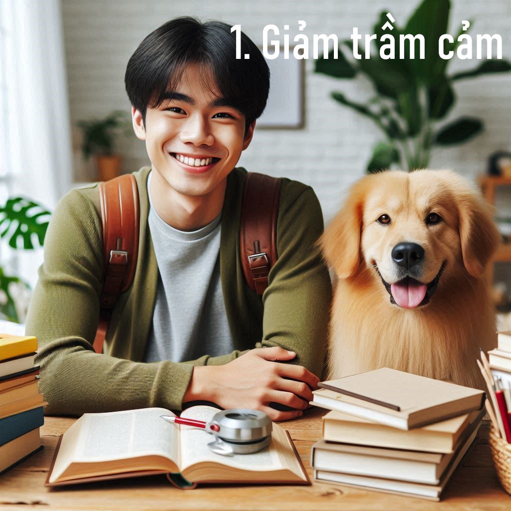 A person and dog sitting at a table with booksDescription automatically generated