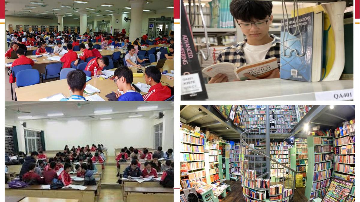 A collage of several images of students in a libraryDescription automatically generated
